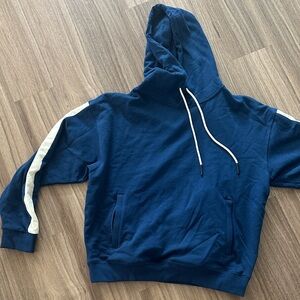 Blue Pullover Hoodie with White Sleeve Stripe
